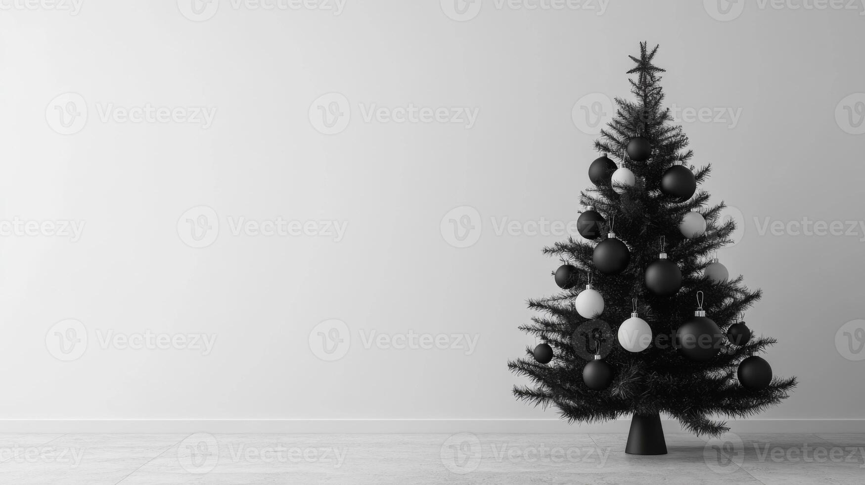 Black Christmas Tree with White and Black Ornaments in a Minimalist Room photo