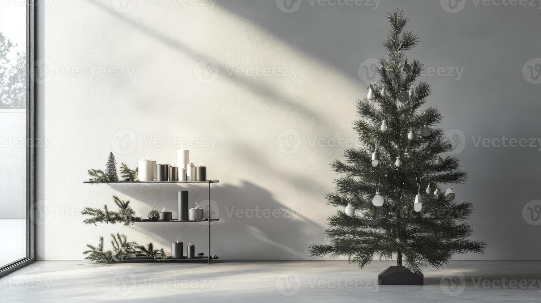 Minimalist Christmas Decor with a Spruce Tree and Candles on a Shelf photo