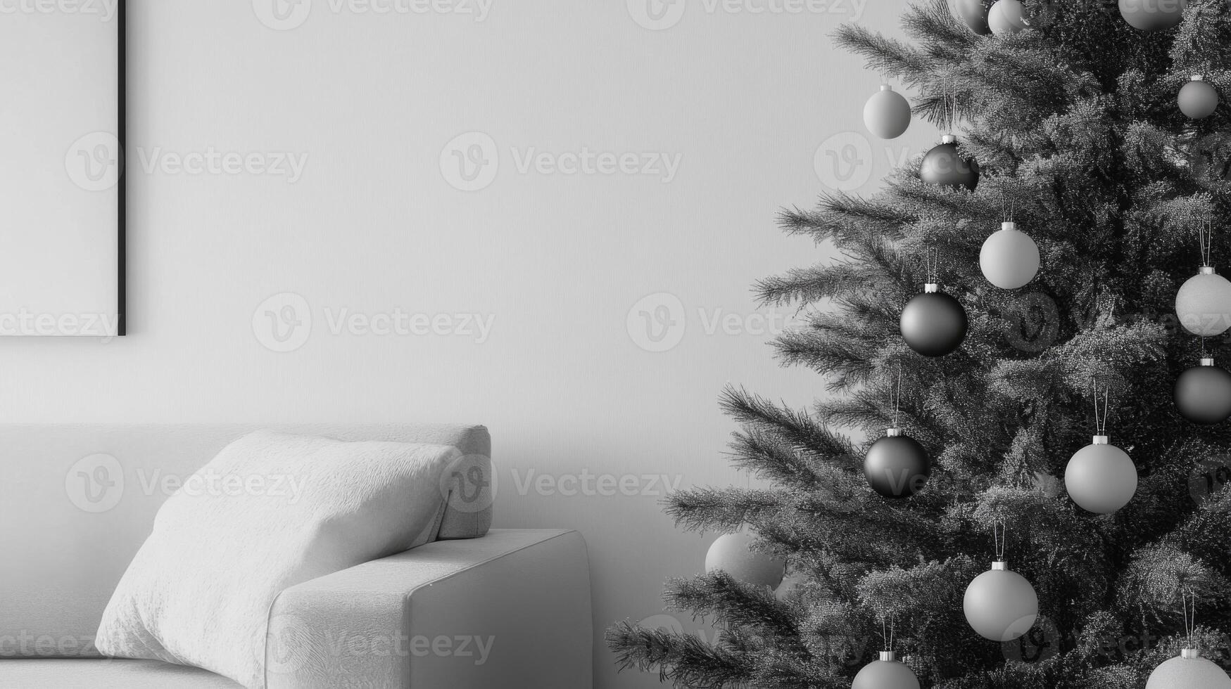 Minimalist Christmas Decor with a Grey Christmas Tree and White Couch photo