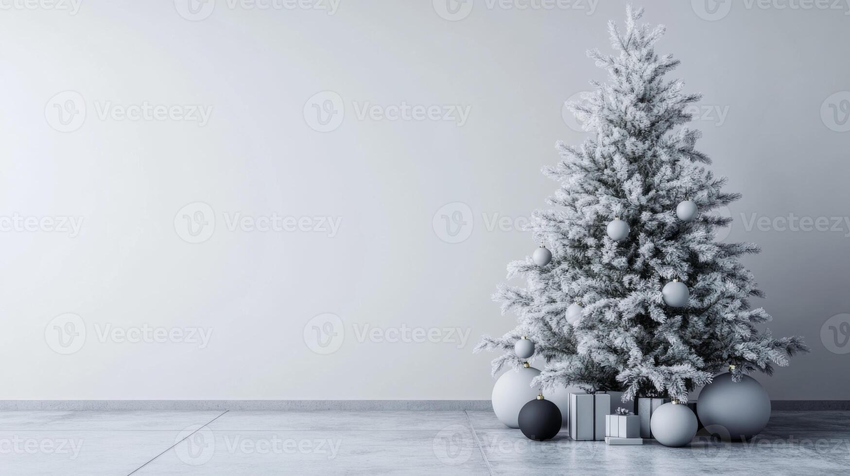 Snowy Christmas Tree with Grey and Black Ornaments and Wrapped Gifts photo