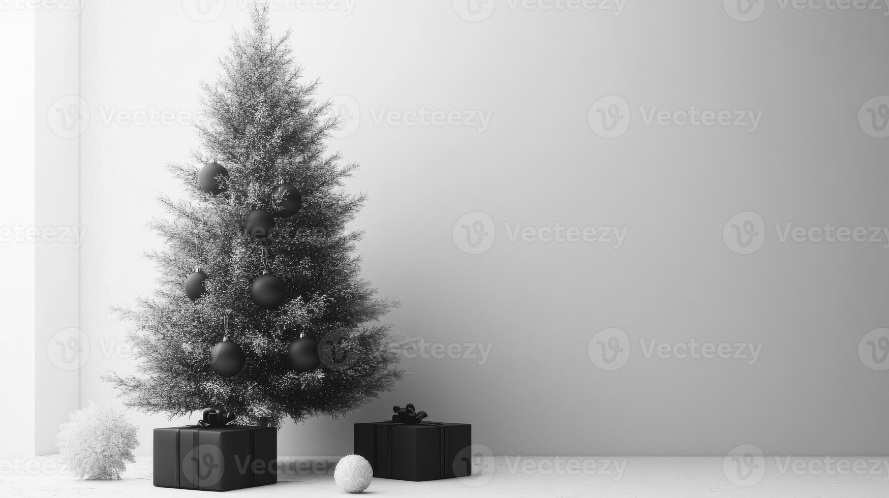 Black and White Christmas Tree with Ornaments and Presents photo