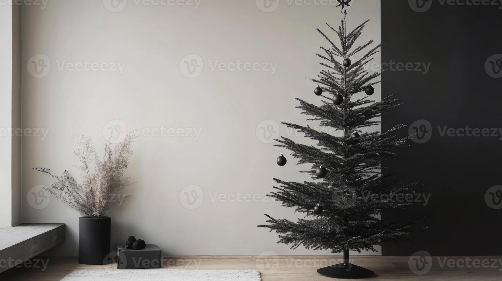 Black Christmas Tree in a Minimalist Interior photo