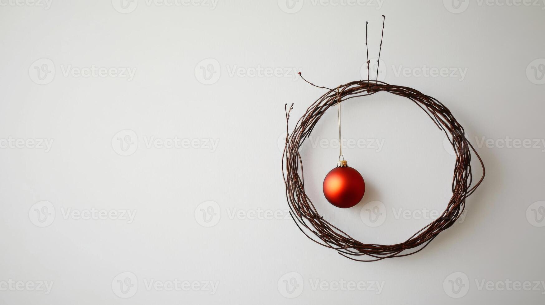 A Single Red Ornament Hanging from a Twig Wreath photo