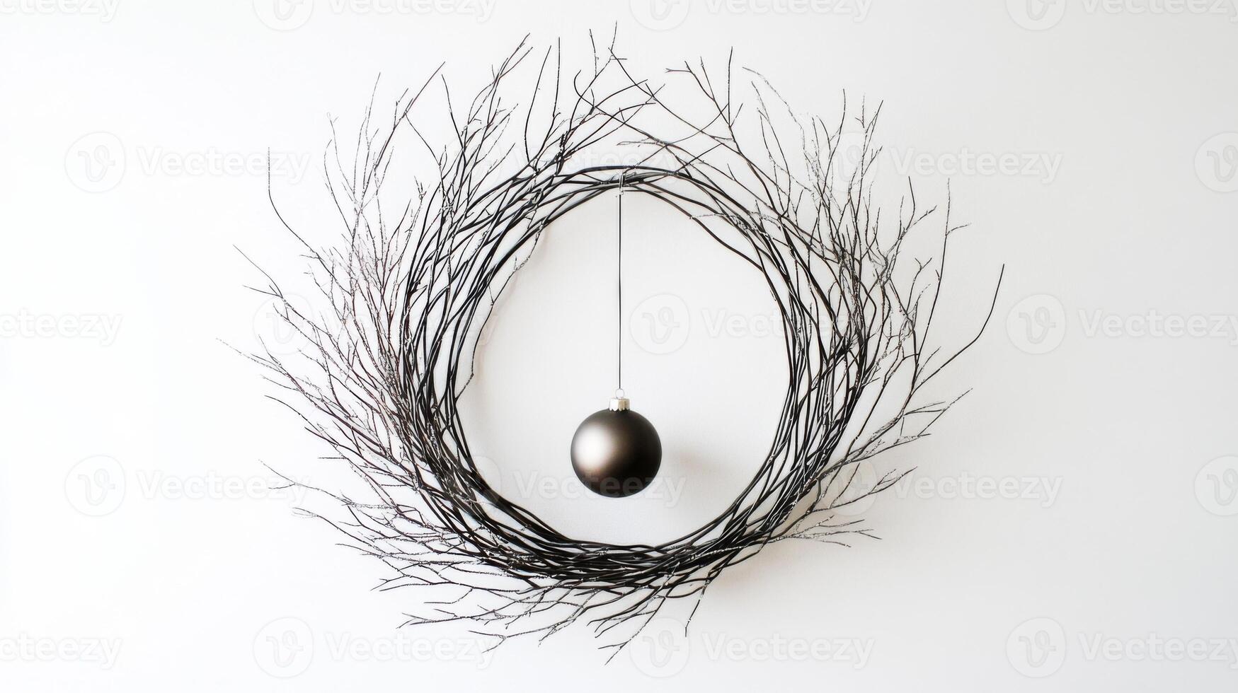 A Black Christmas Ornament Hanging from a Twig Wreath photo