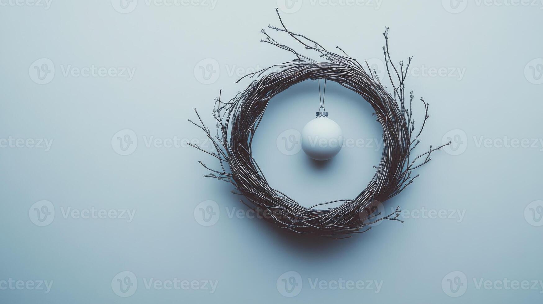 A Simple White Ornament Hanging from a Twig Wreath photo