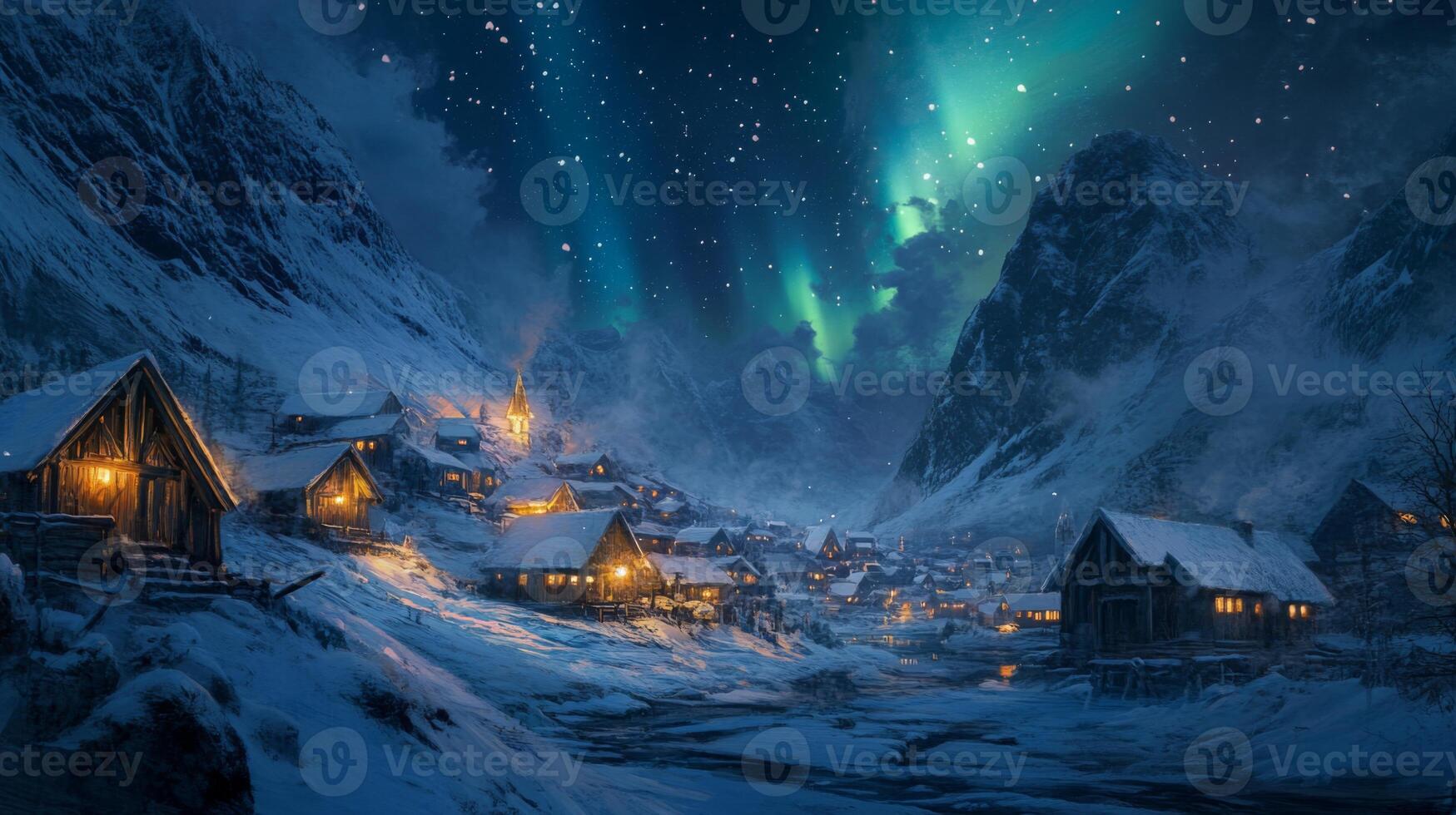 A Snowy Village Nestled Between Mountains Under an Aurora Borealis photo