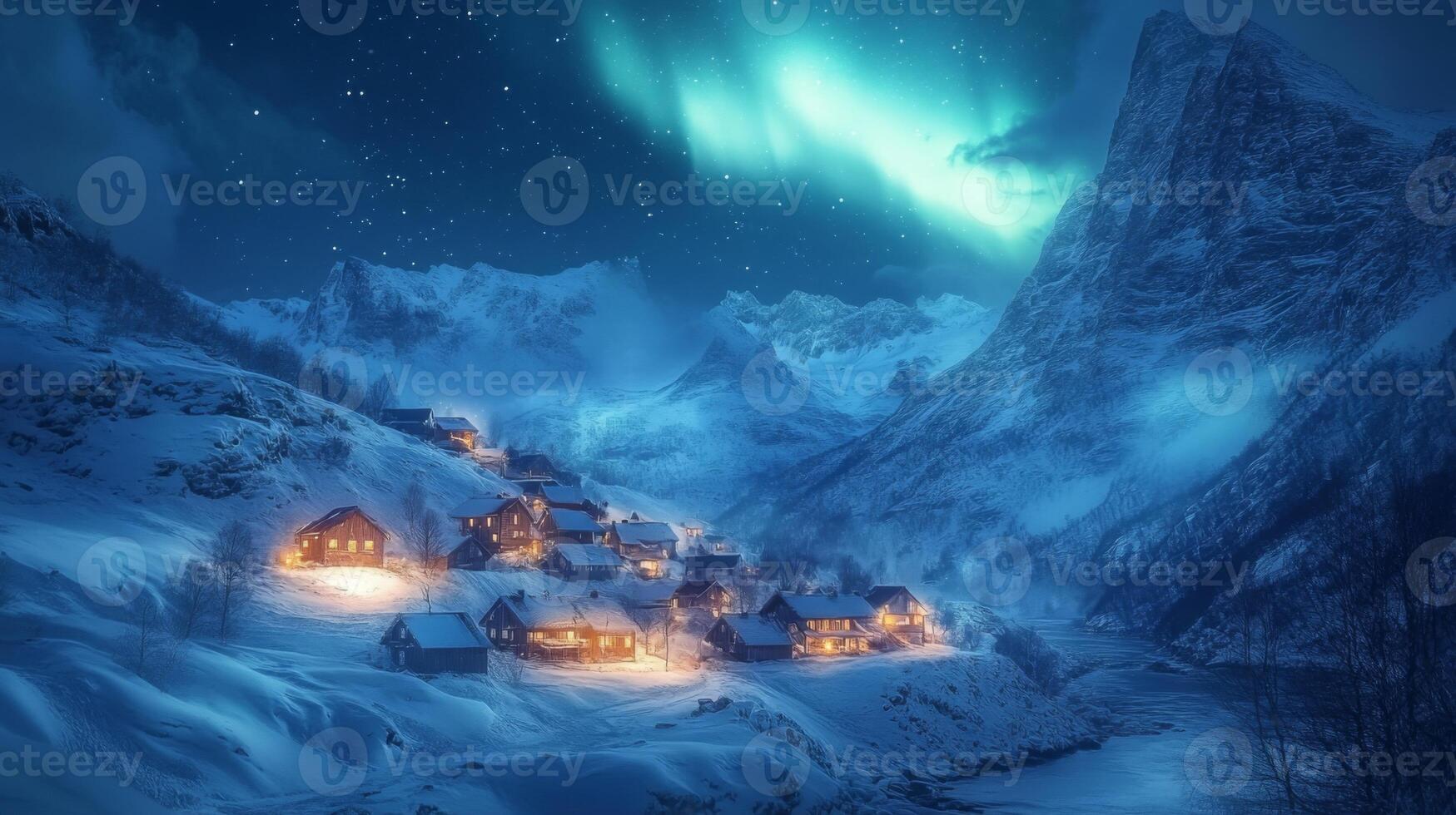 Illuminated Village Nestled in Snow-Covered Mountains Under a Starry Sky with Aurora Borealis photo