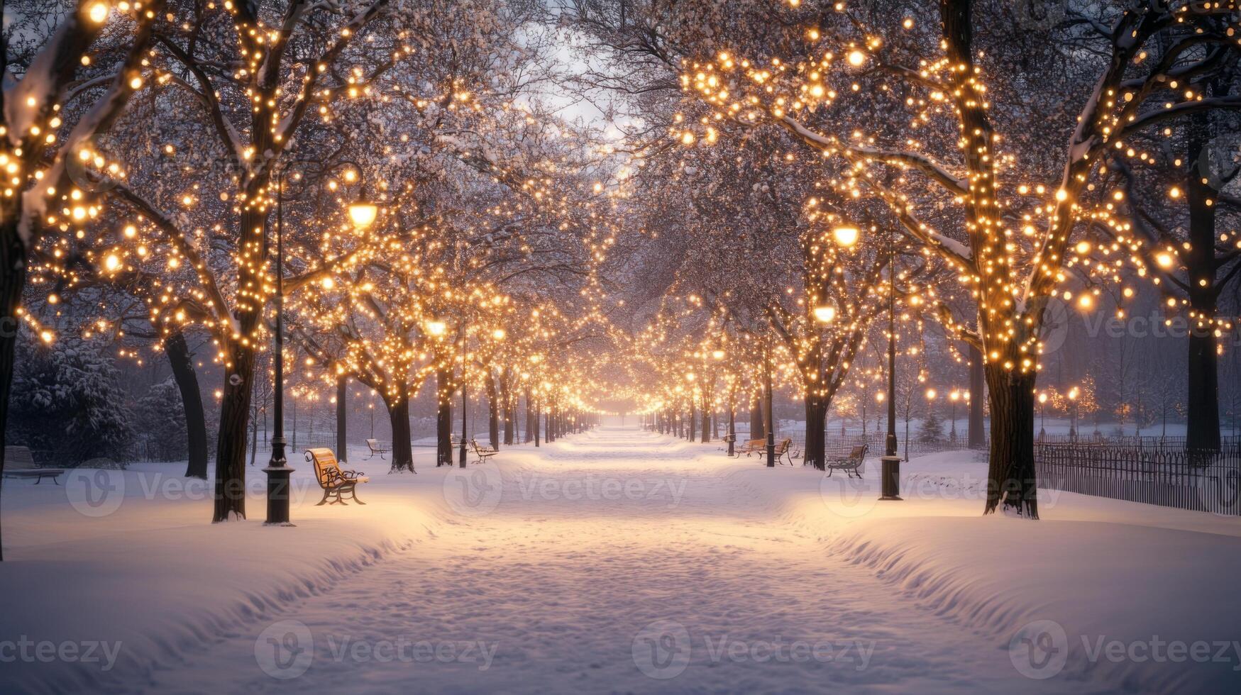 A Snowy Pathway Lined with Trees Adorned with Festive Lights photo