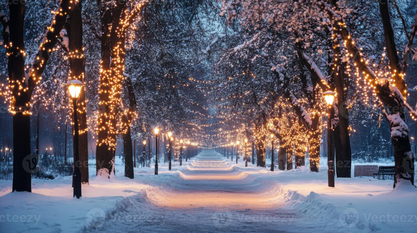 Snowy Pathway Lined with Trees Adorned with String Lights photo