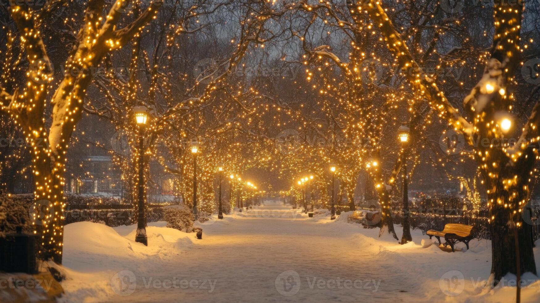 Snowy Pathway Lined with Trees Adorned with Twinkling Lights photo