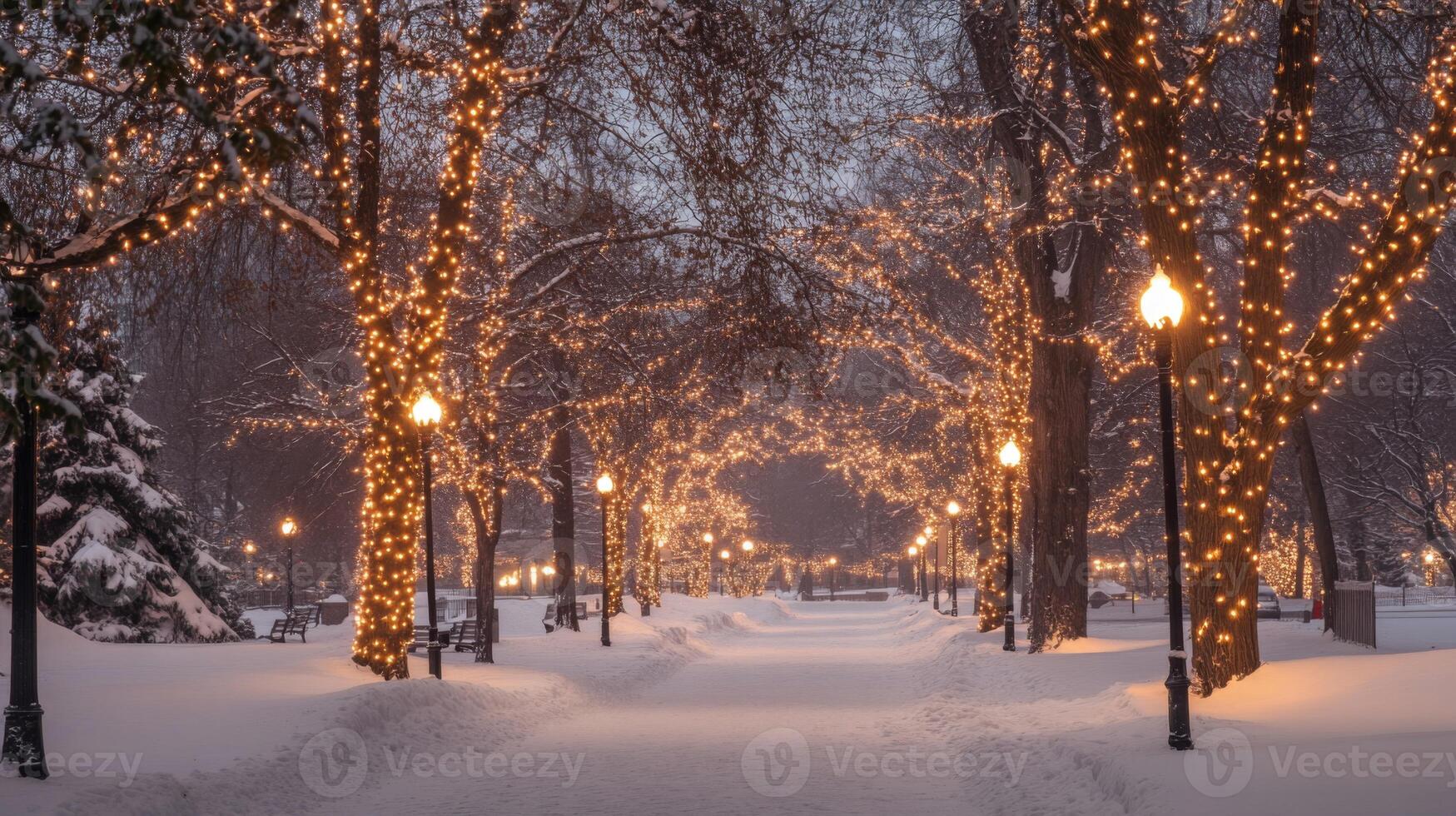 Snow-Covered Pathway Lined with Trees Decorated with String Lights photo