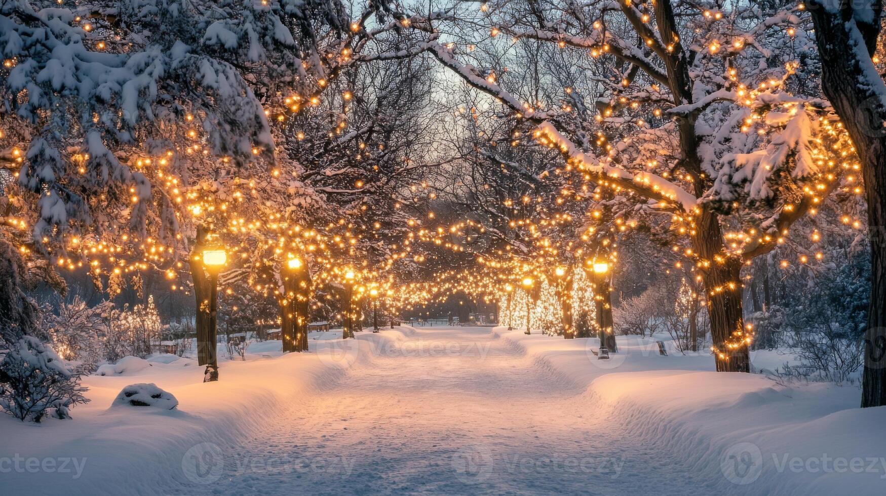 Snowy Pathway Lined with Trees and Twinkling Lights photo