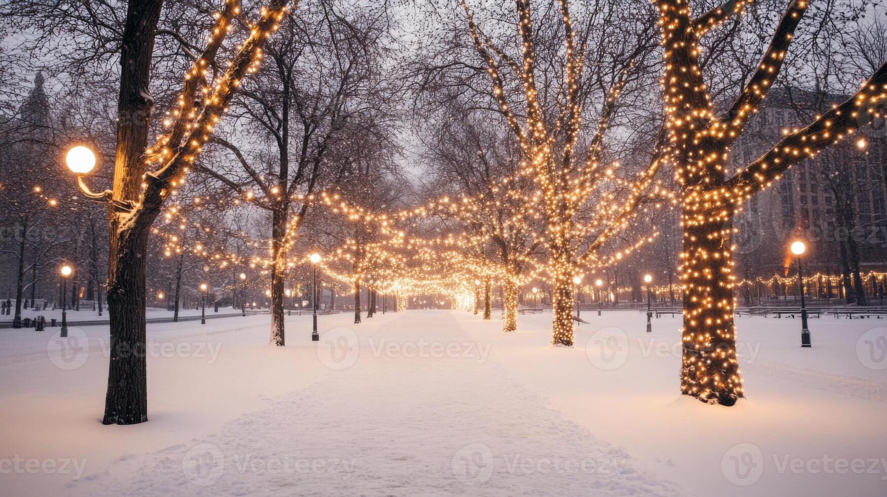 Snowy Pathway Lined with Twinkling Lights on Bare Trees photo