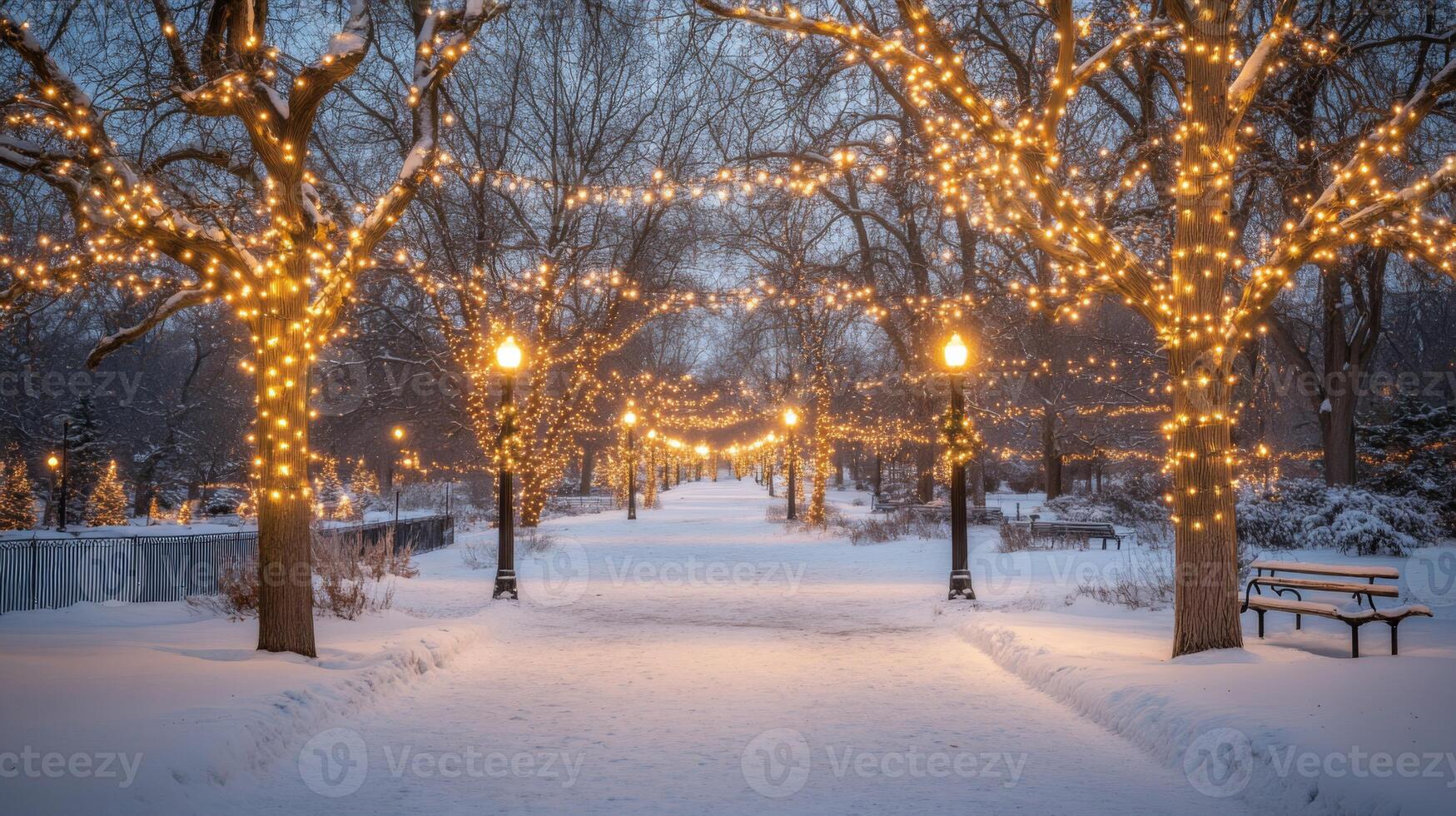 Snowy Pathway Lined with Trees and String Lights photo