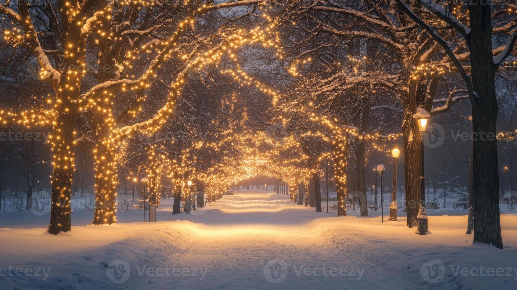 Snowy Pathway Lined with Trees Adorned with Fairy Lights photo
