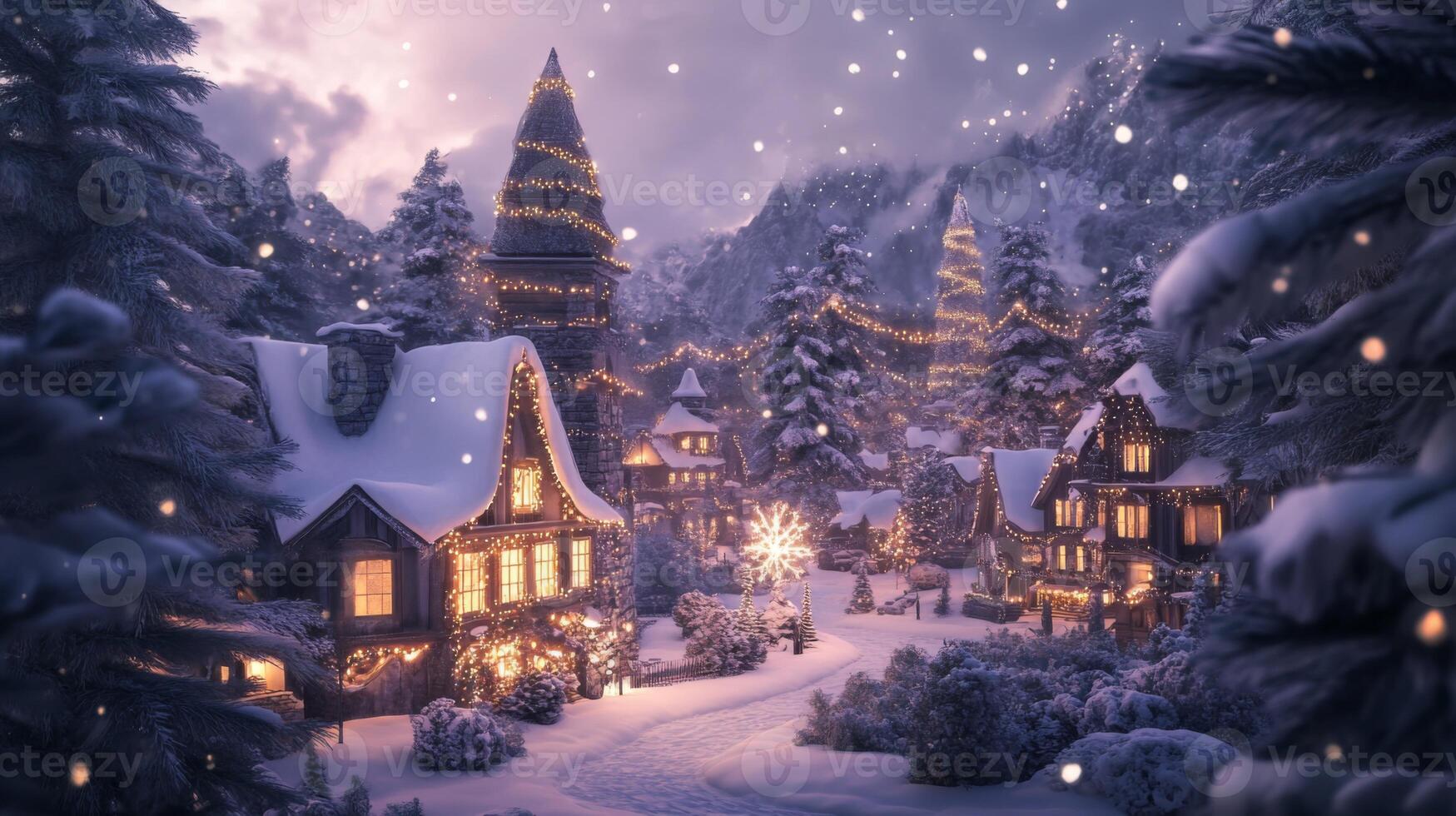 A Snowy Village Illuminated by Christmas Lights at Twilight photo