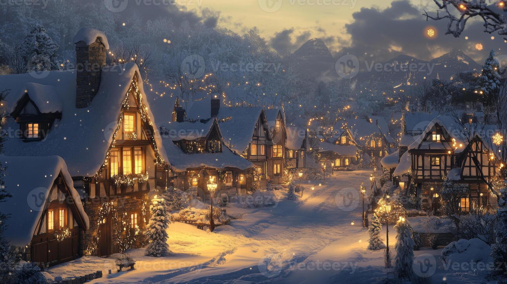 Snowy Village Street at Dusk with Illuminated Houses and Snowflakes Falling photo