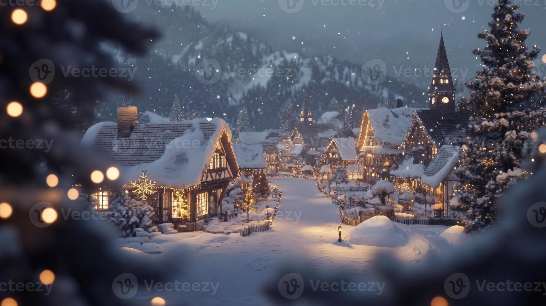 A Snowy Village at Night with a Church Steeple and Christmas Lights photo