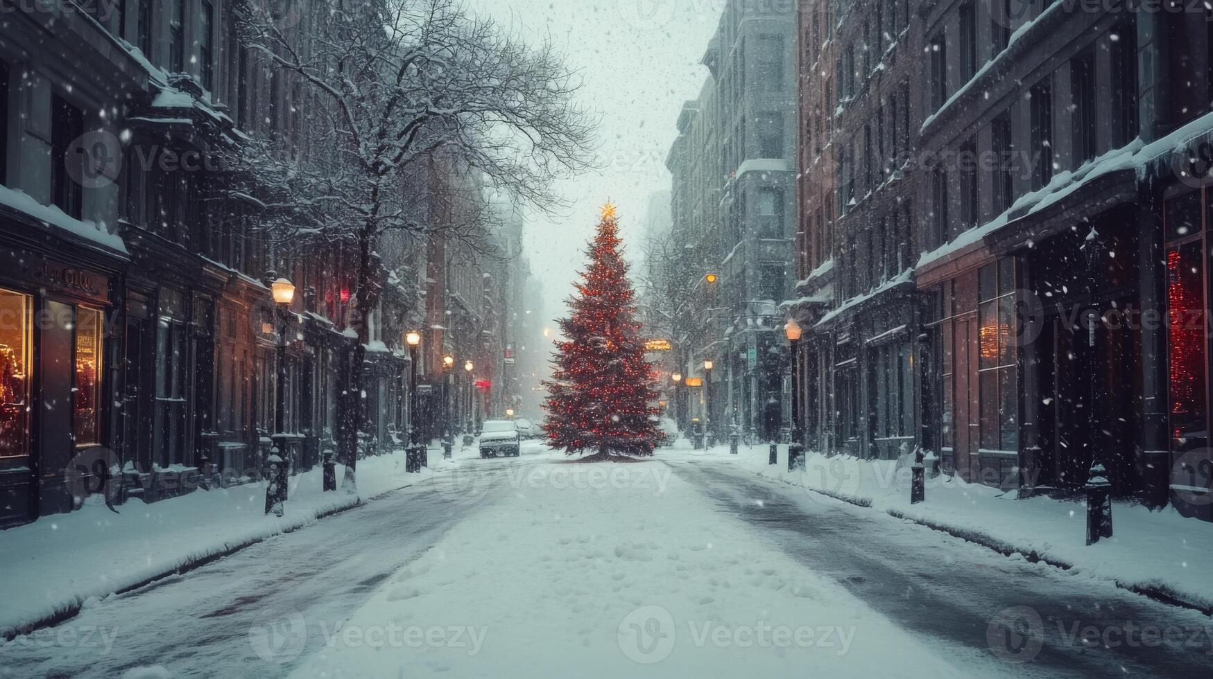 A Snow-Covered Street with a Christmas Tree and Streetlights photo