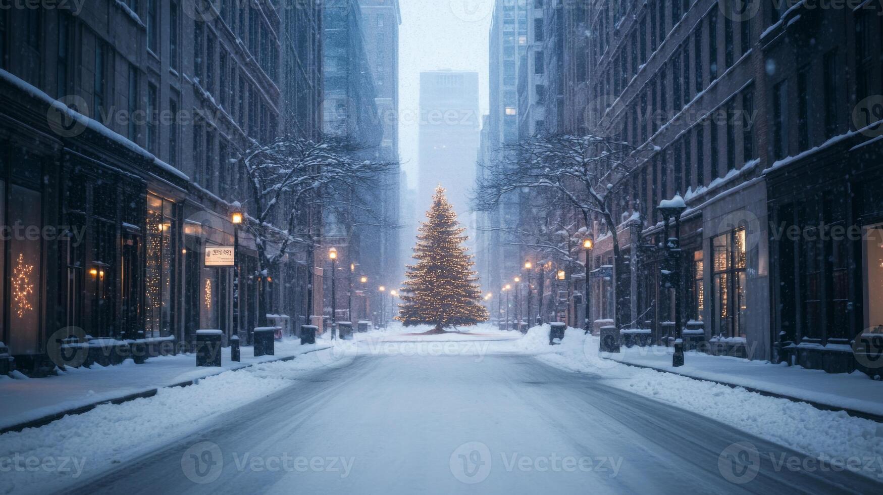 Snowy City Street with a Christmas Tree in the Middle photo