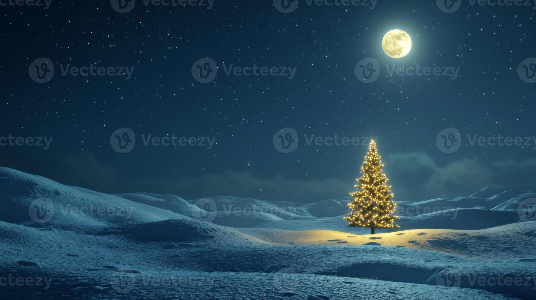 Illuminated Christmas Tree in a Snowy Landscape Under a Full Moon photo