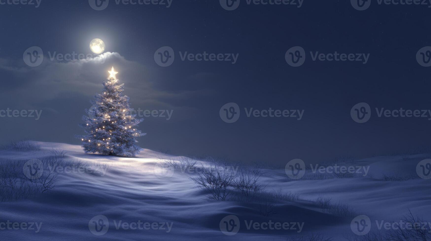 A Christmas Tree Illuminated by Moonlight in a Snowy Landscape photo