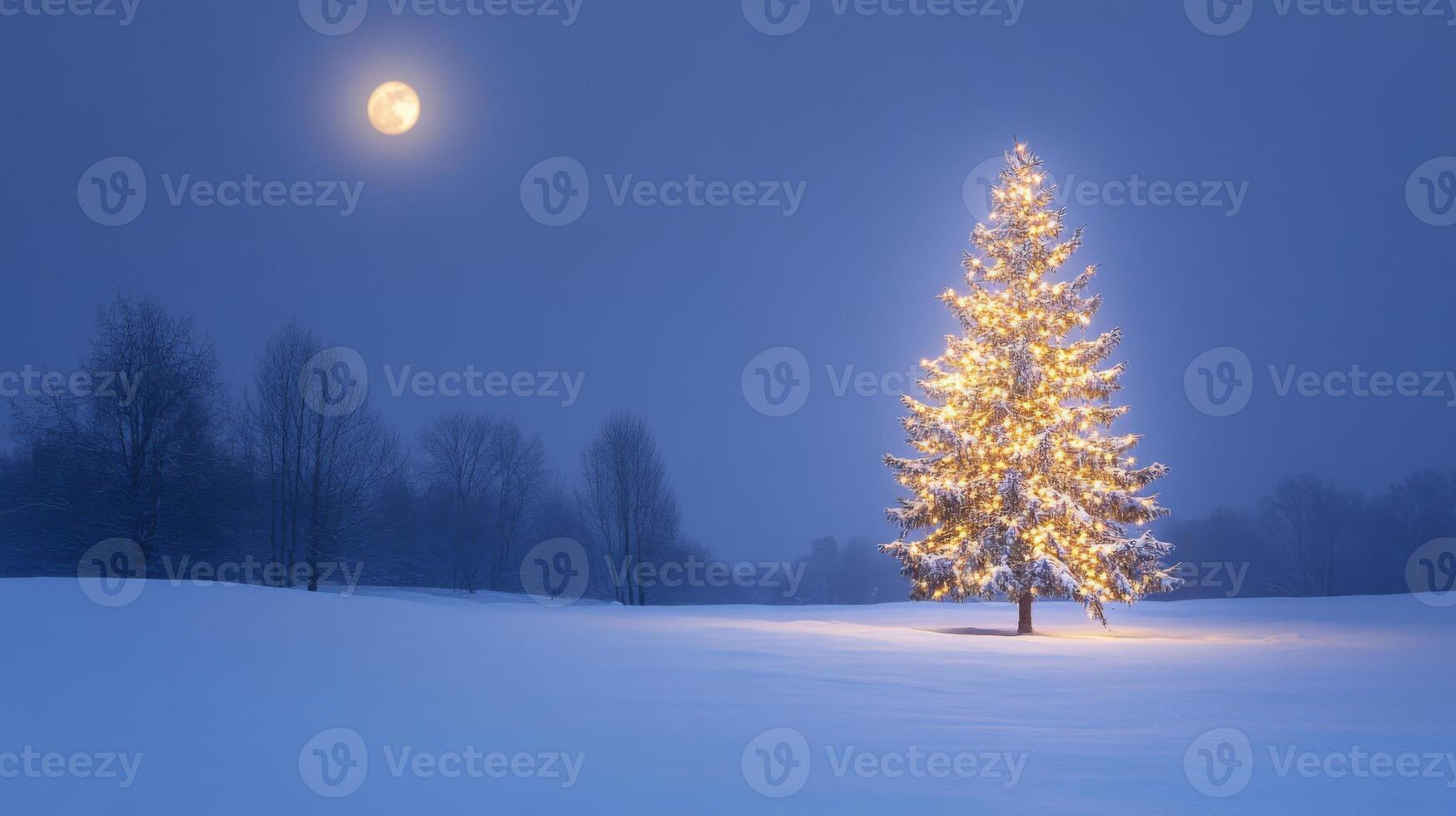 A Single Christmas Tree Lit Up in a Snowy Field Under a Full Moon photo