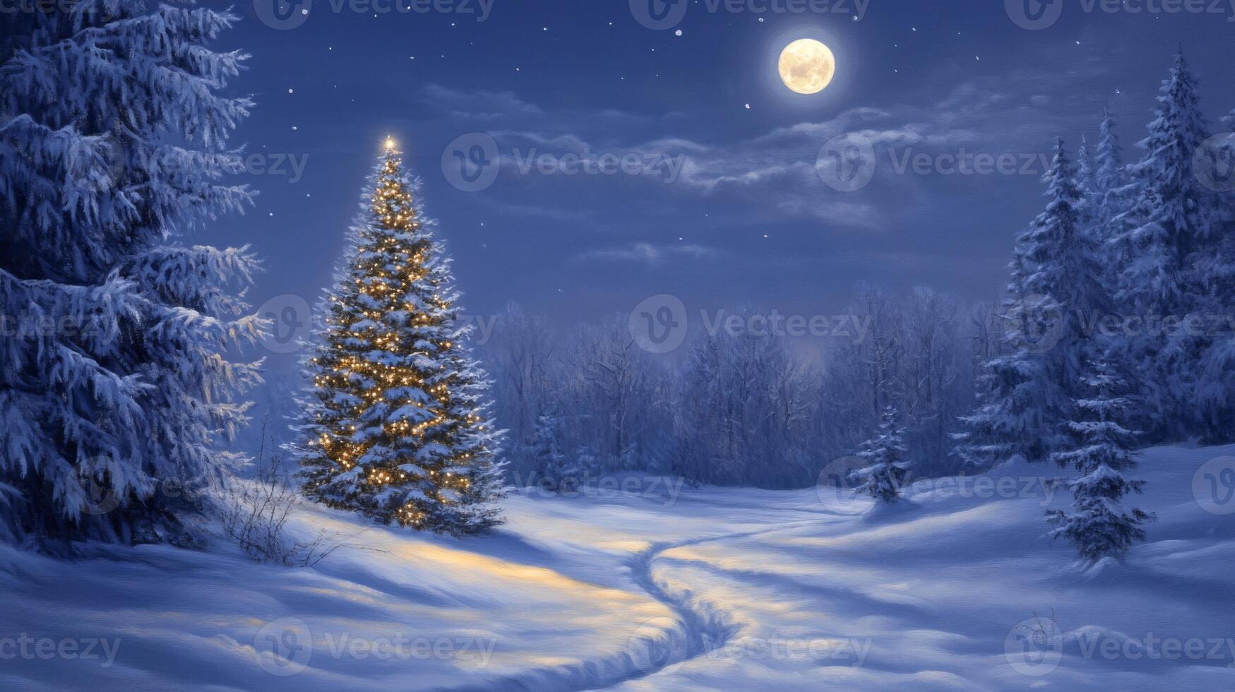 Illuminated Christmas Tree in a Snowy Forest Under a Full Moon photo