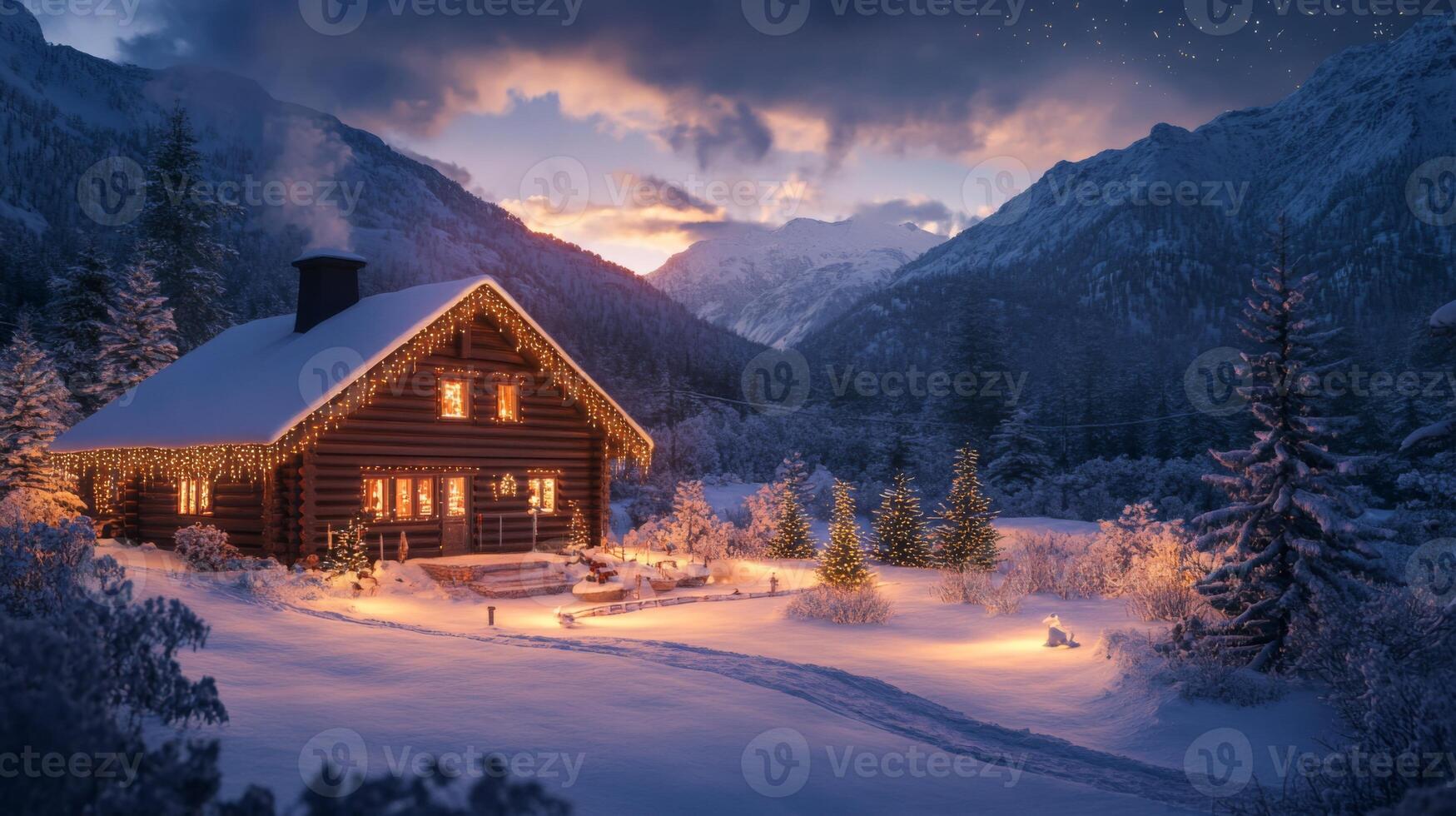 Illuminated Log Cabin nestled in Snowy Mountains at Sunset photo