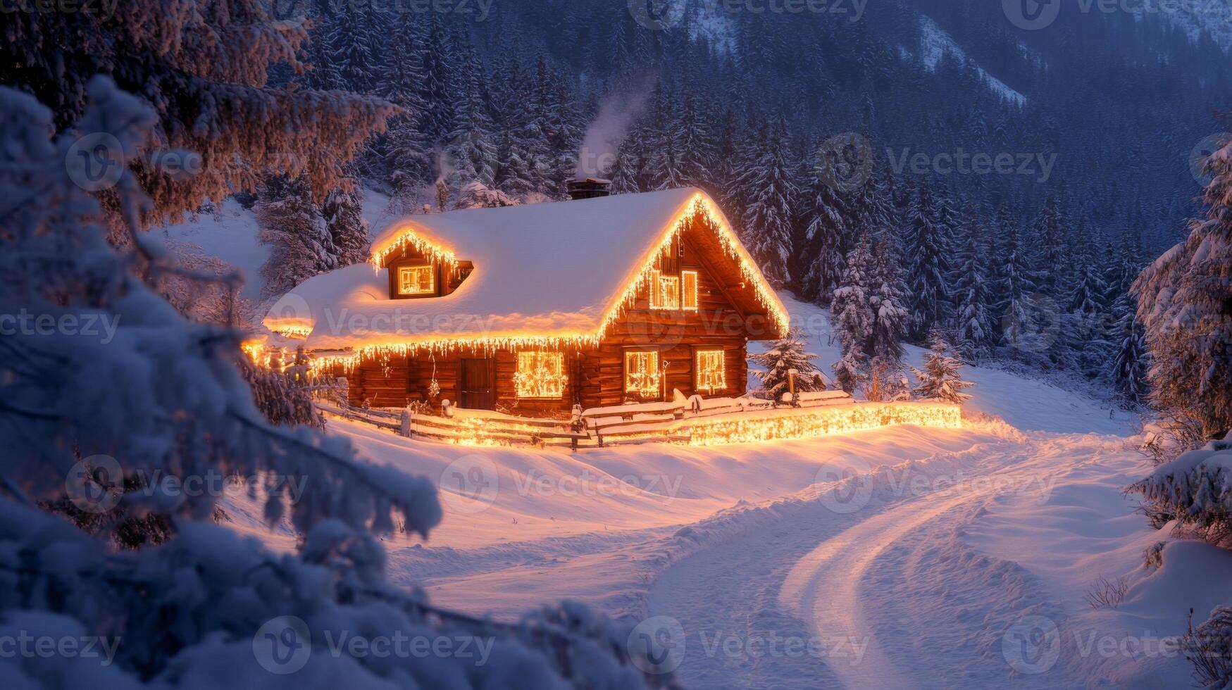Illuminated Log Cabin in a Snowy Forest at Twilight photo