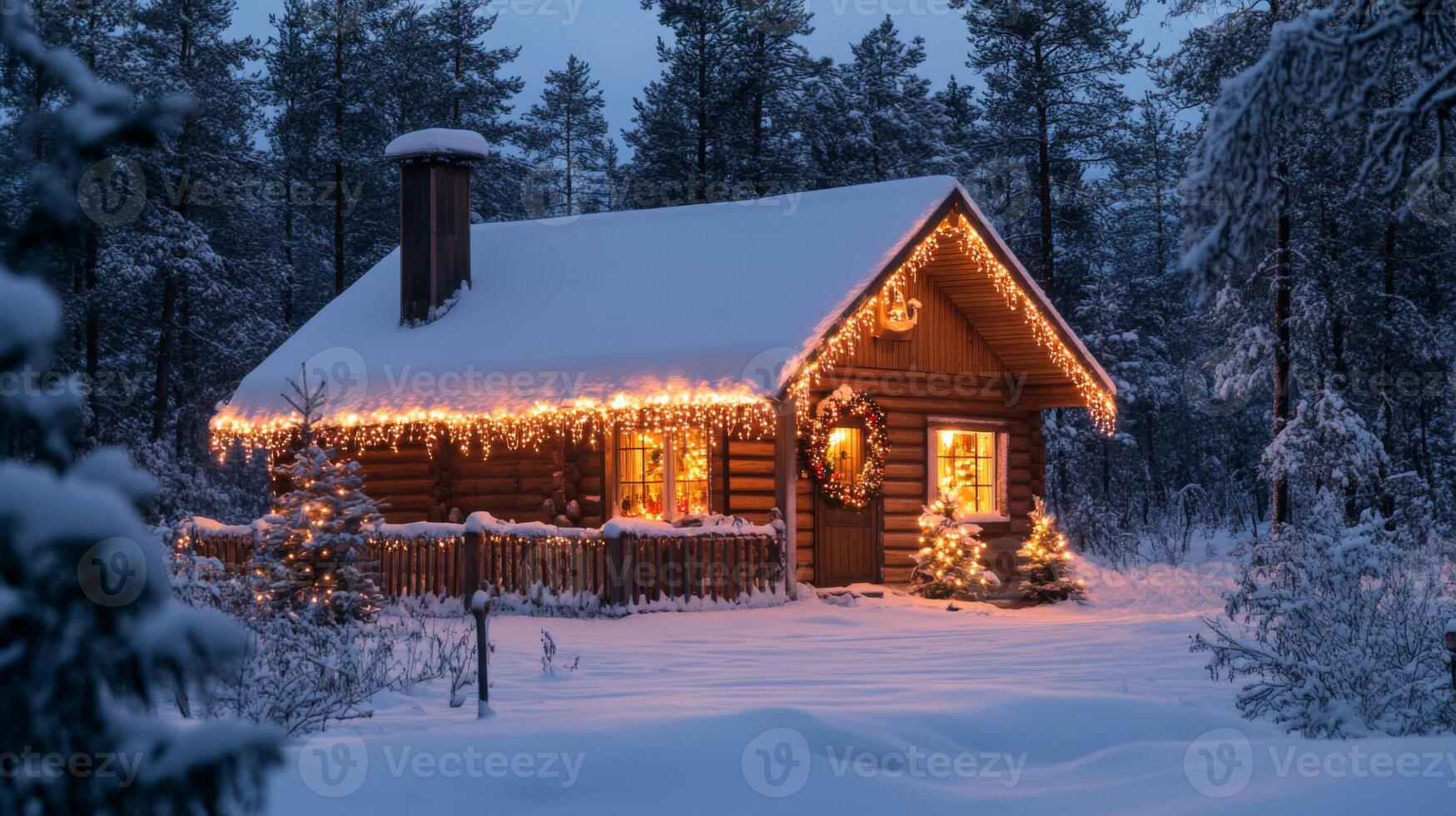 A Cozy Log Cabin Adorned with Christmas Lights in a Snowy Forest photo