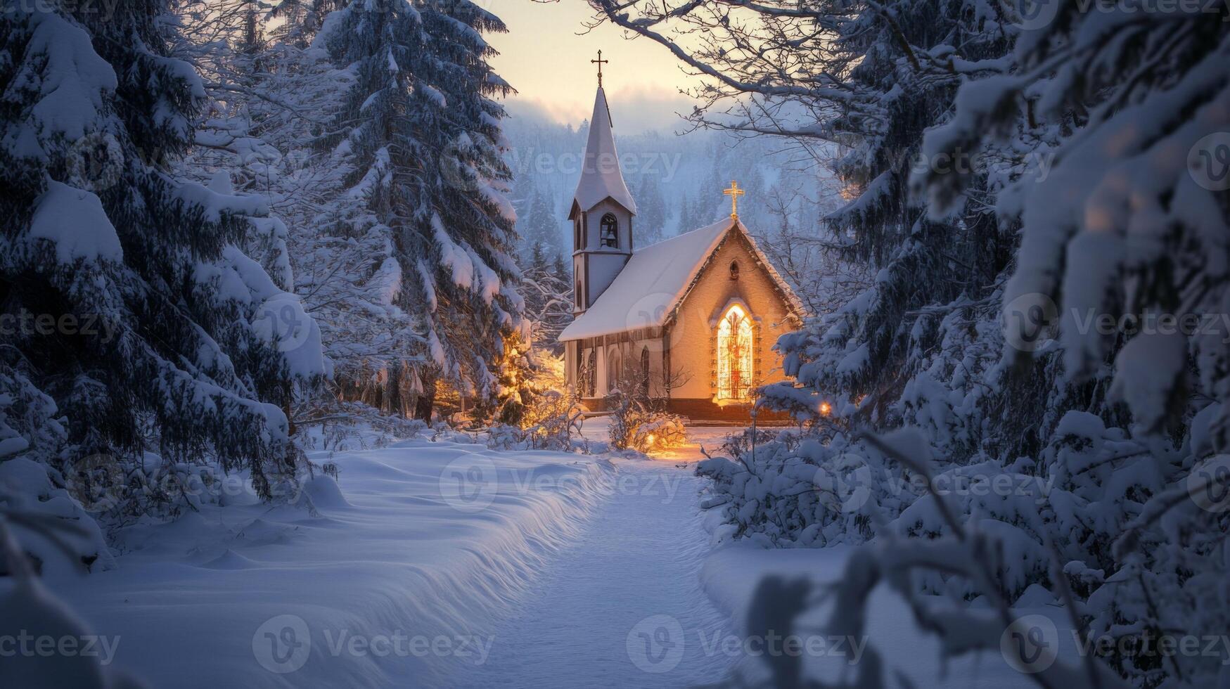 A Snowy Church in a Winter Forest photo