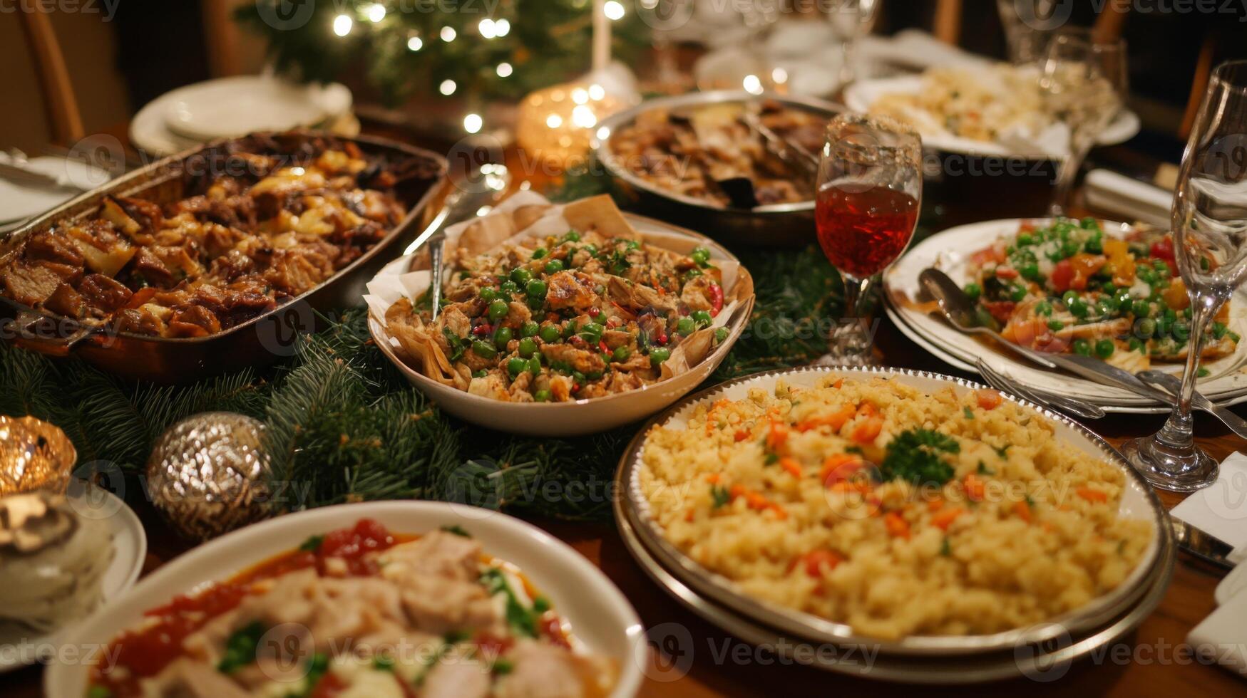 A Festive Table Setting with Various Dishes and Wine Glass photo