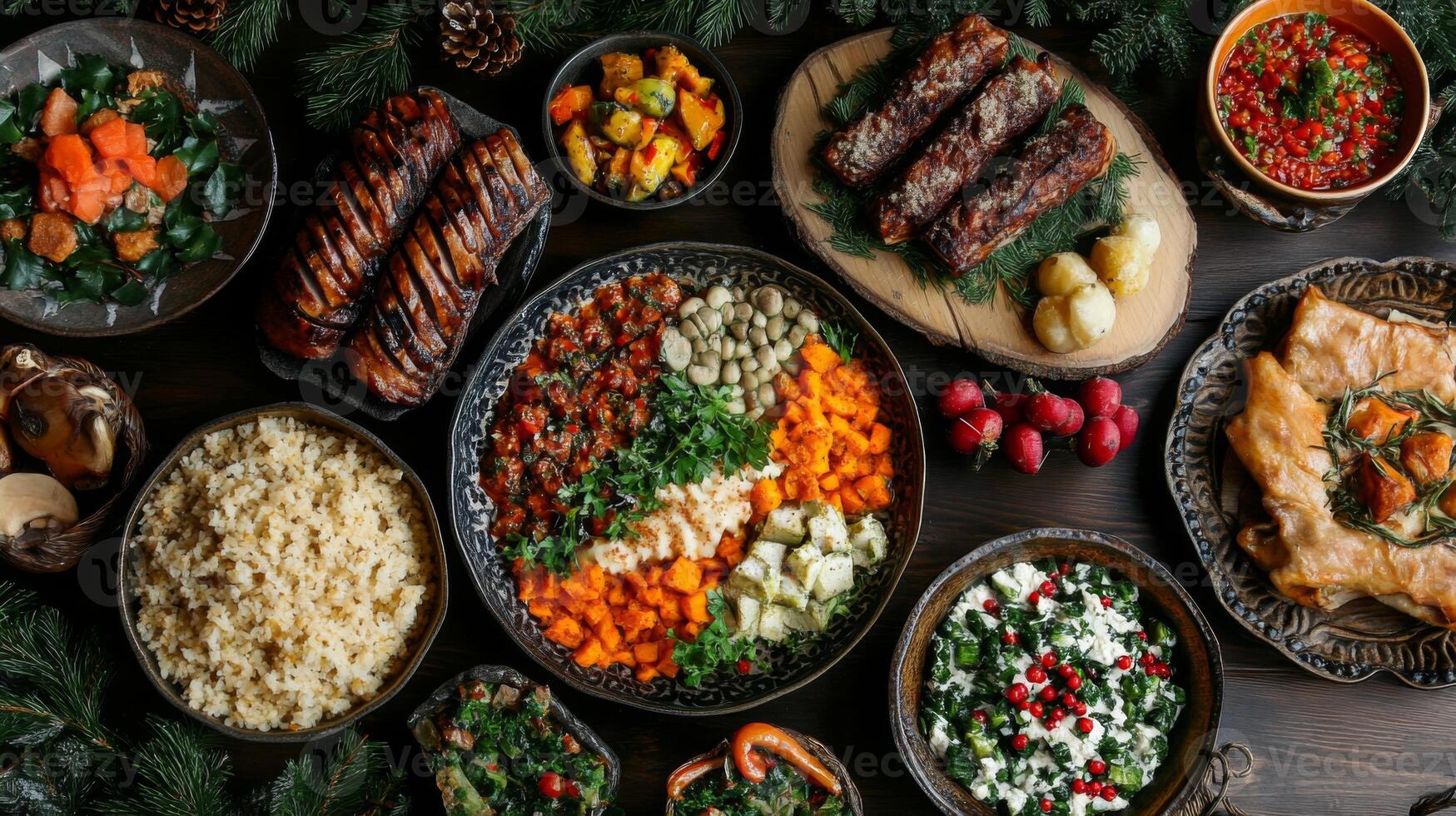 A Festive Spread of Dishes, Featuring Roasted Meats, Salads, and Vegetables photo