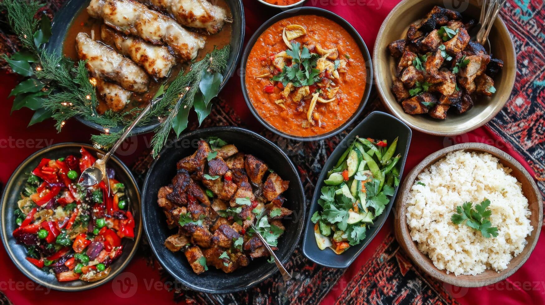 A Feast of Diverse Dishes on a Red Tablecloth photo
