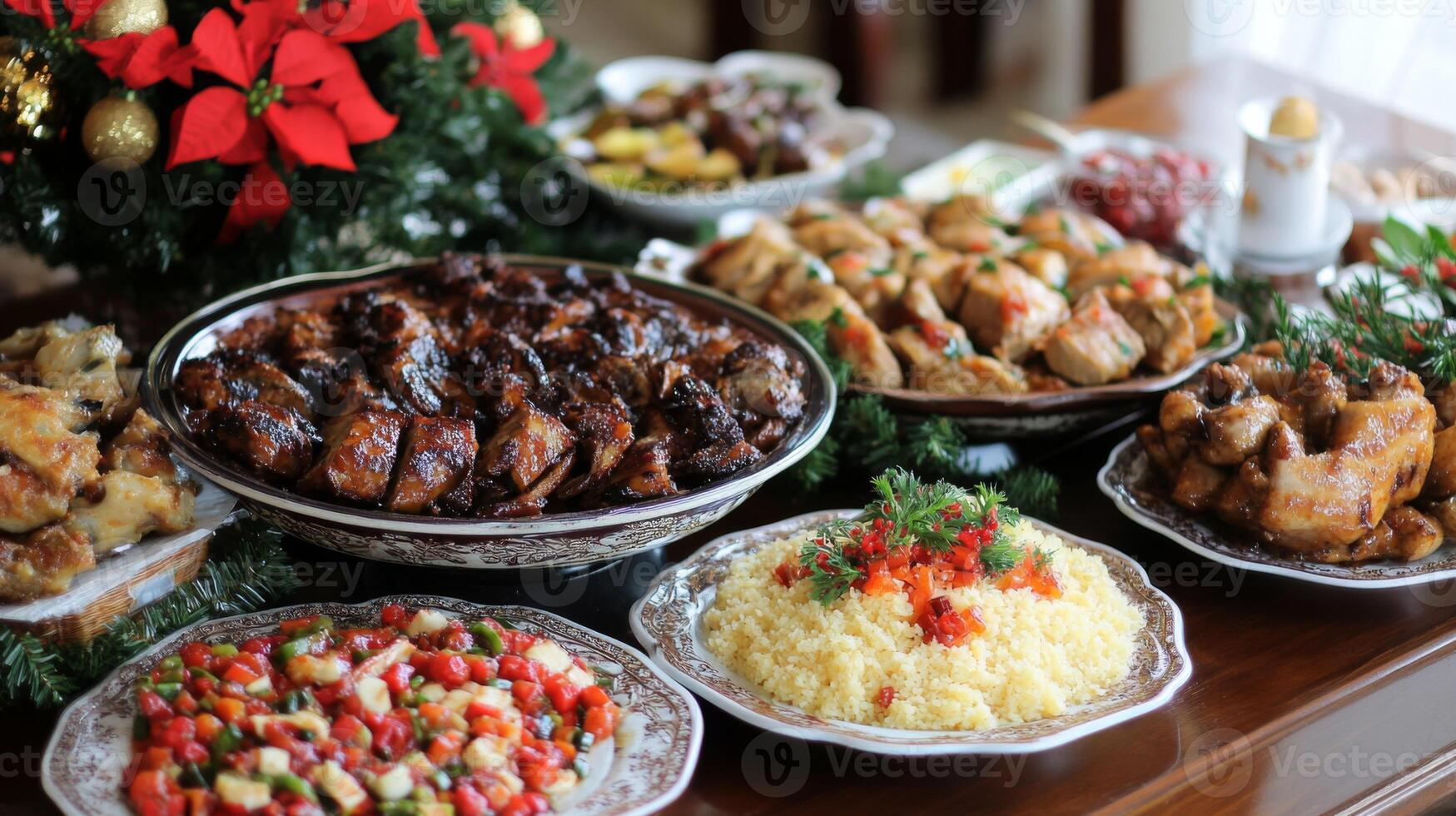 A Table Spread with Various Dishes for a Festive Meal photo
