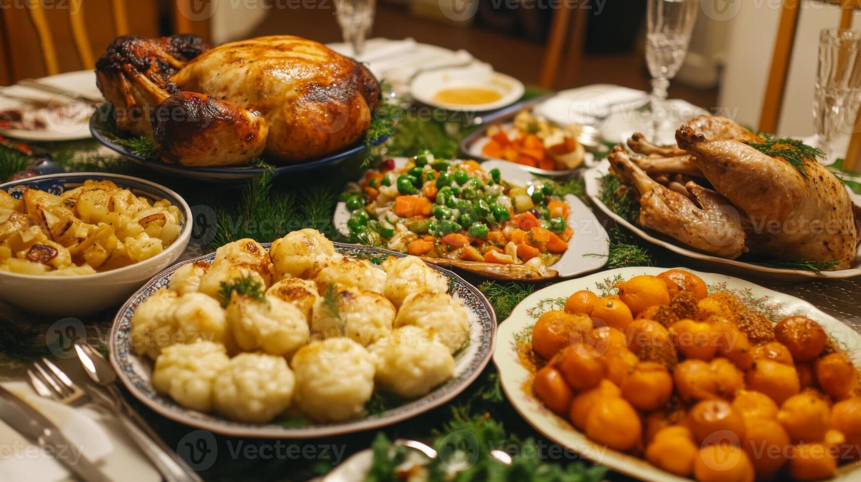 Roasted Turkey and Side Dishes on a Festive Table photo