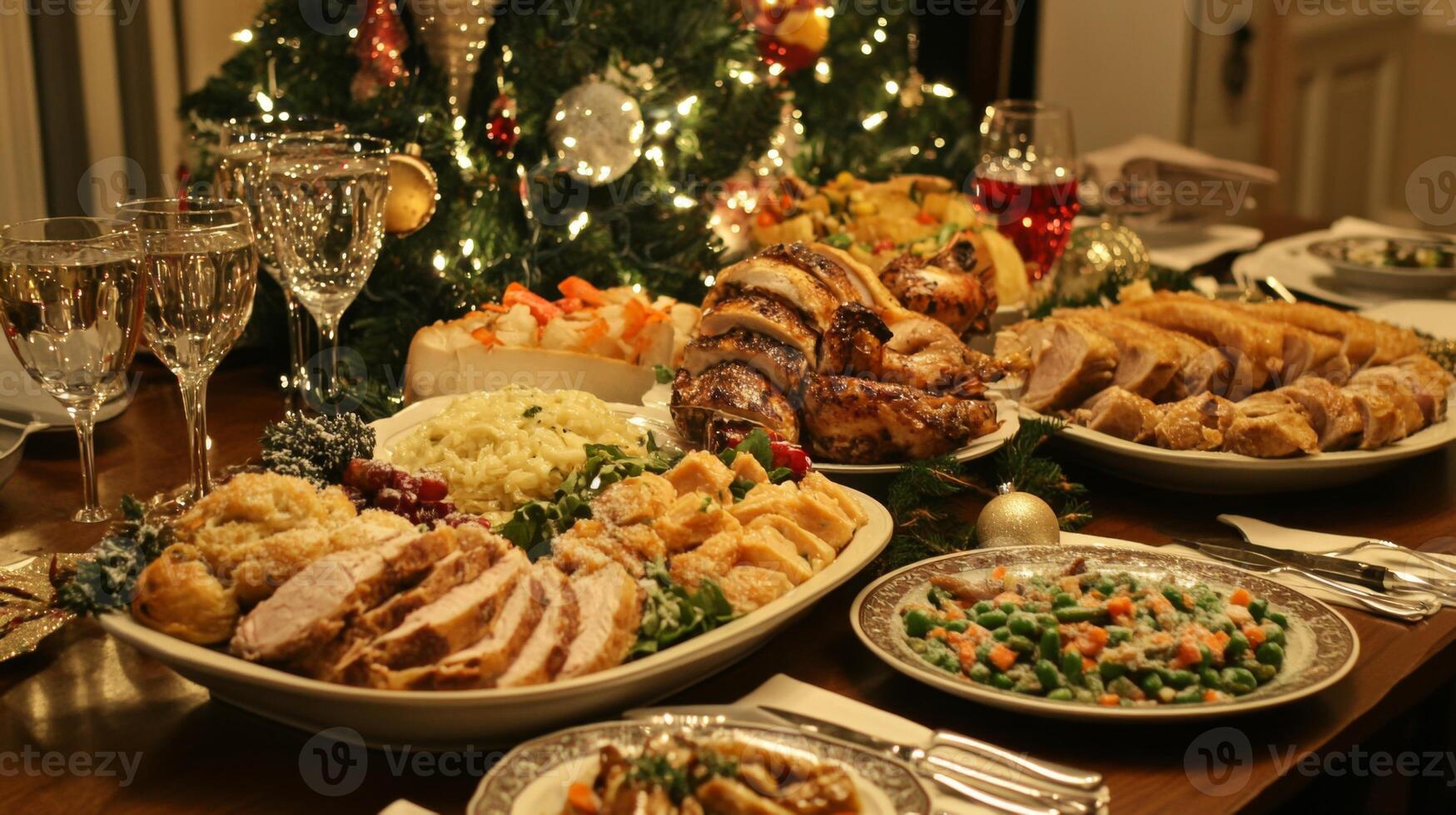 A Christmas Feast with Roasted Chicken, Vegetables, and Bread Pudding photo