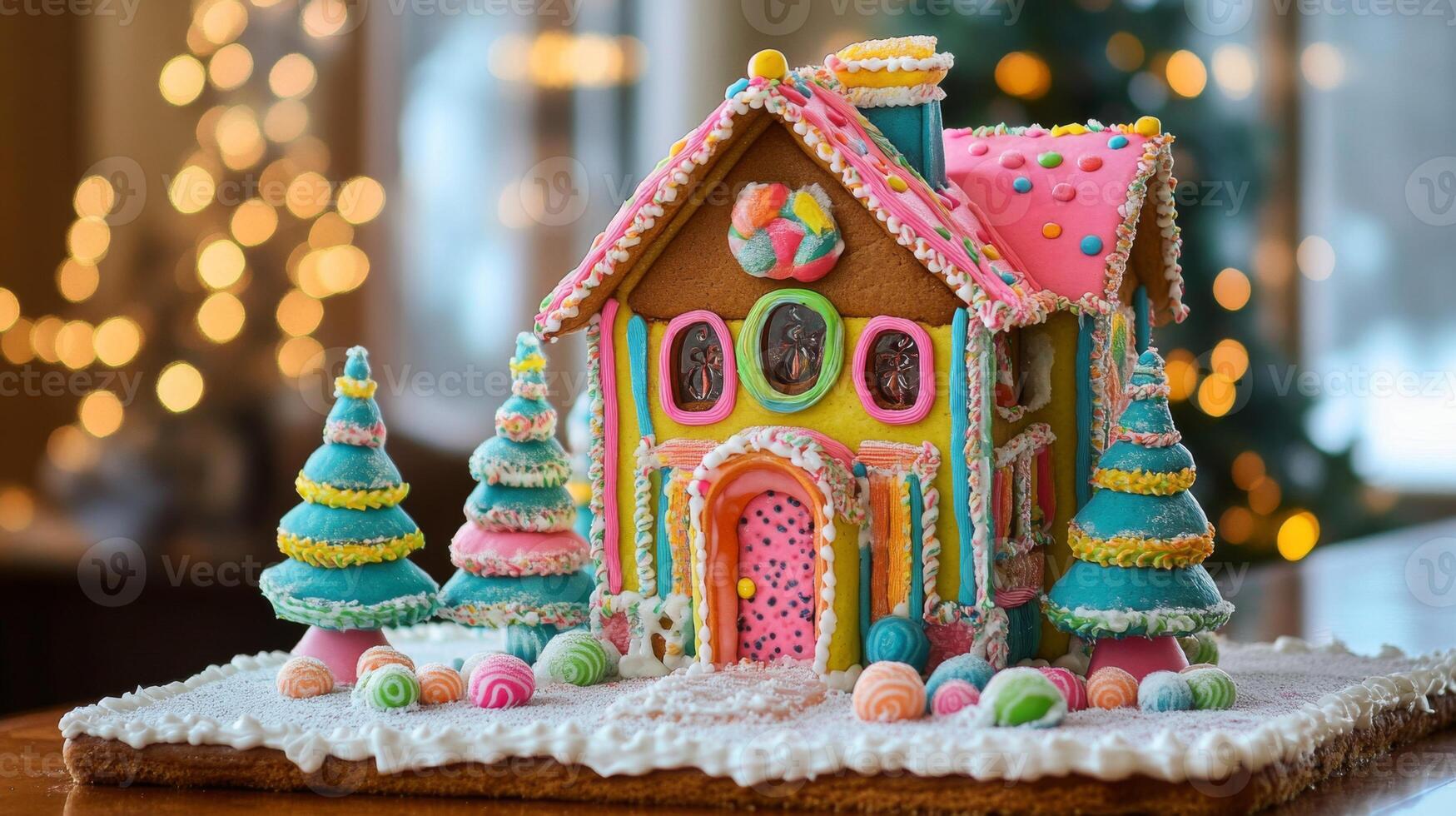 A Colorful Gingerbread House with Candy Decorations and Trees photo
