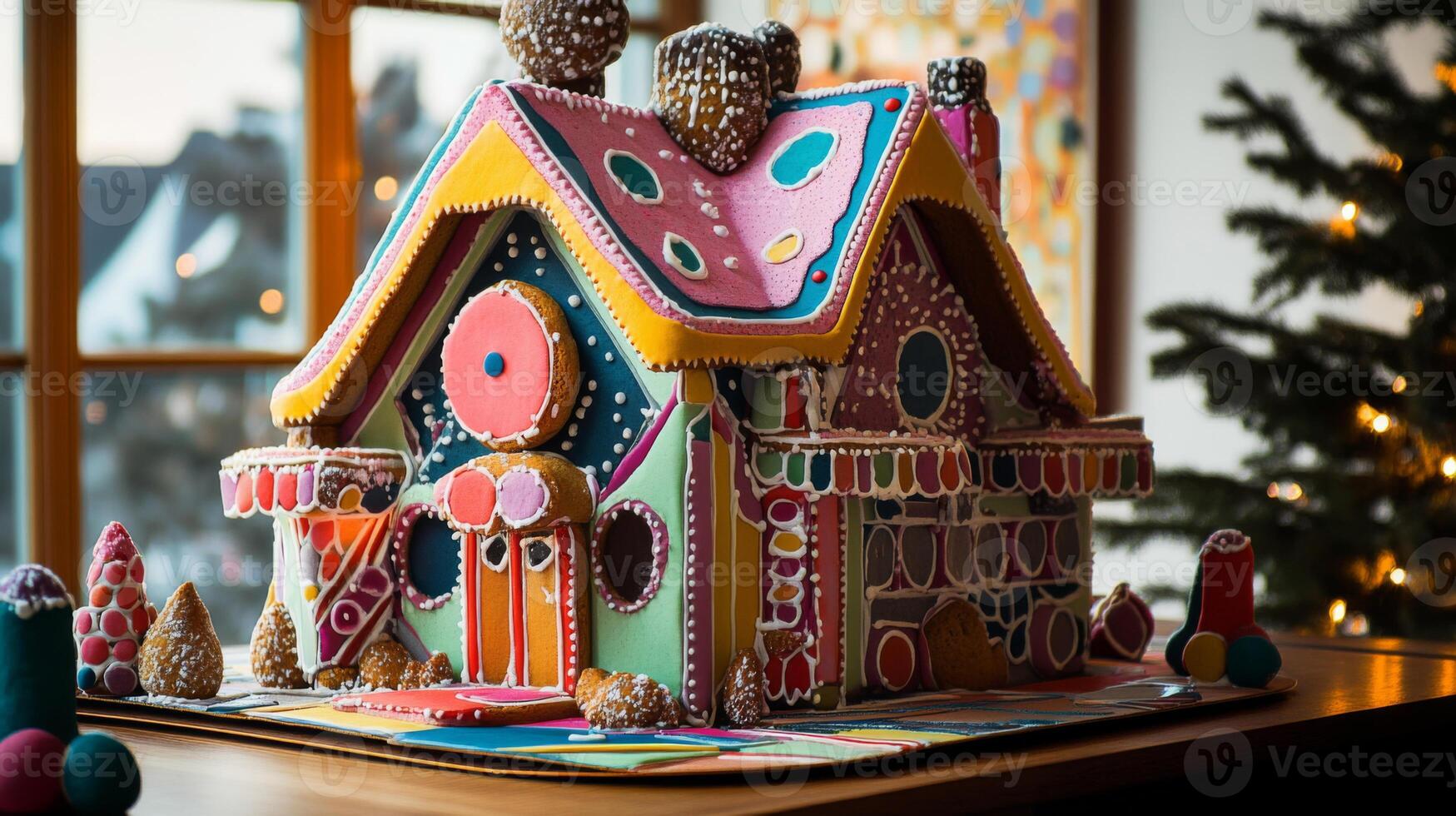 Elaborate, Colorful Gingerbread House with Candy Decorations photo