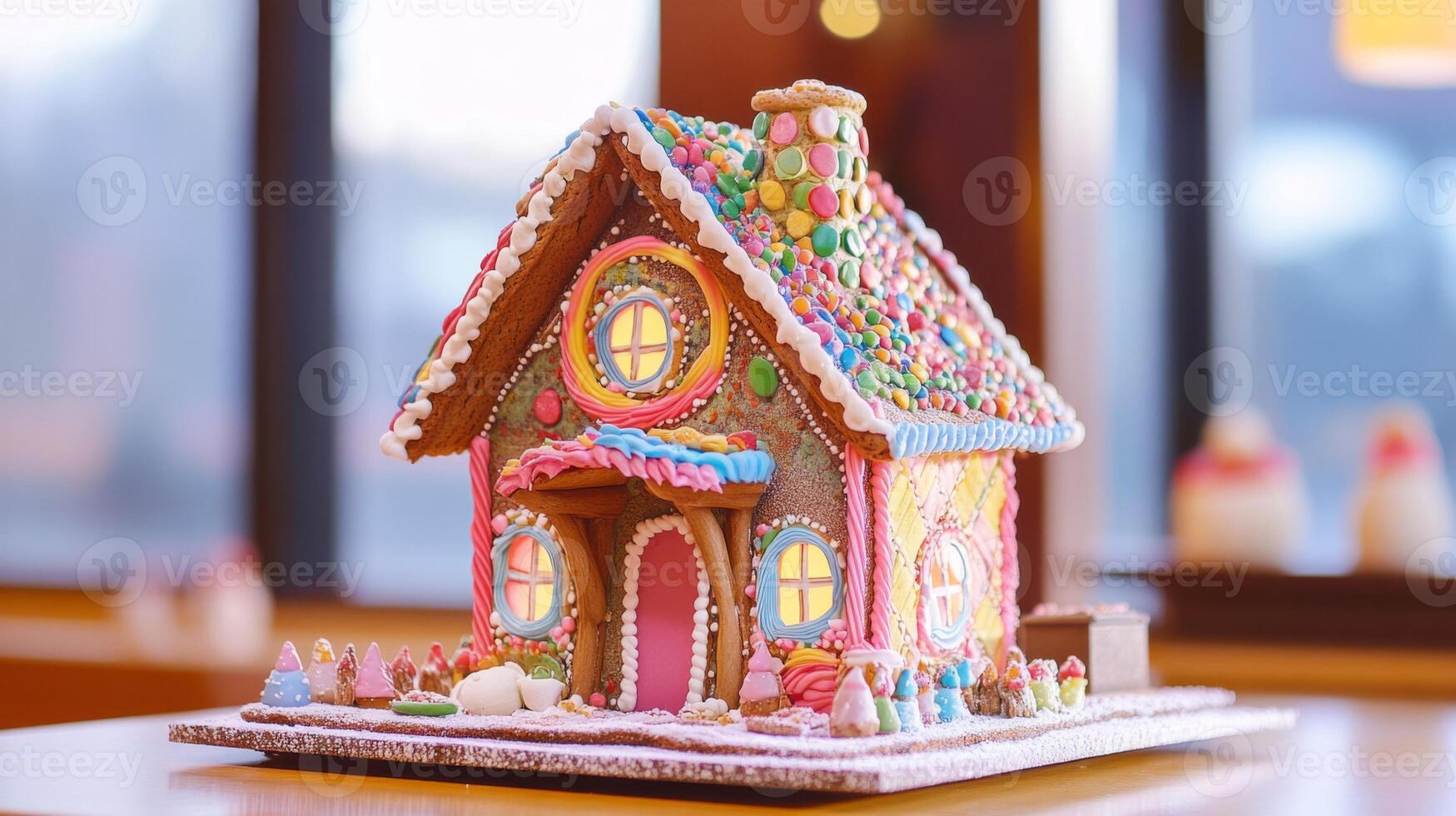 A Colorful Gingerbread House Decorated with Candies and Frosting photo