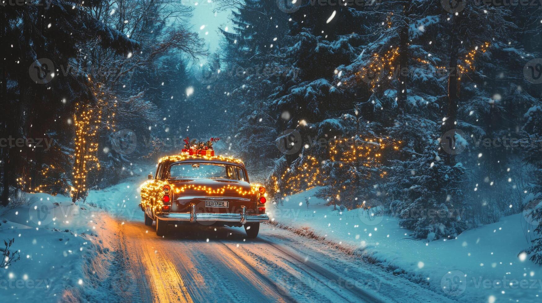 A Vintage Car Decorated with Christmas Lights Drives Through a Snowy Forest at Night photo