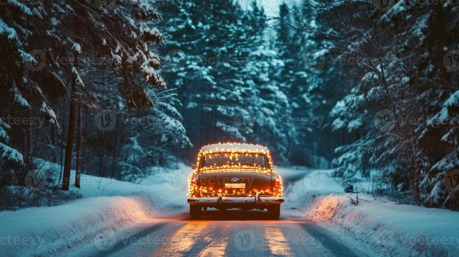 A Classic Car Decorated with Lights Driving Through a Snowy Forest at Twilight photo