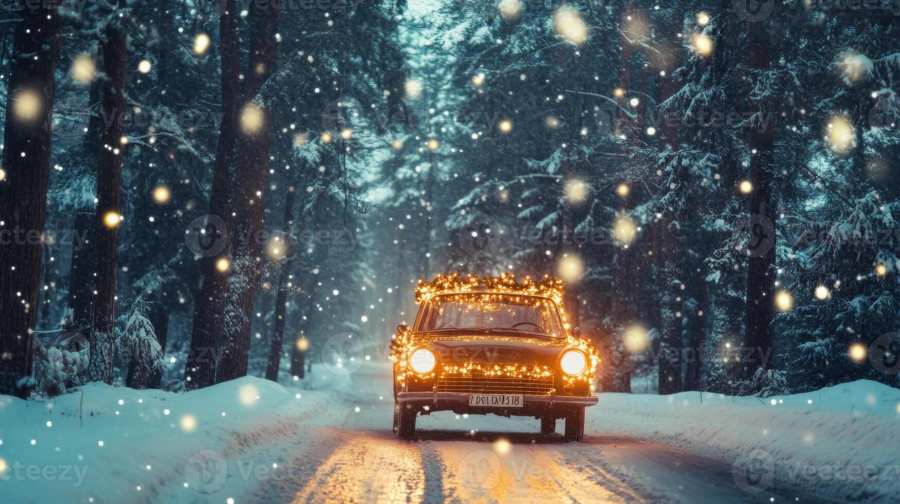 A Car Adorned With Christmas Lights Drives Through a Snowy Forest photo
