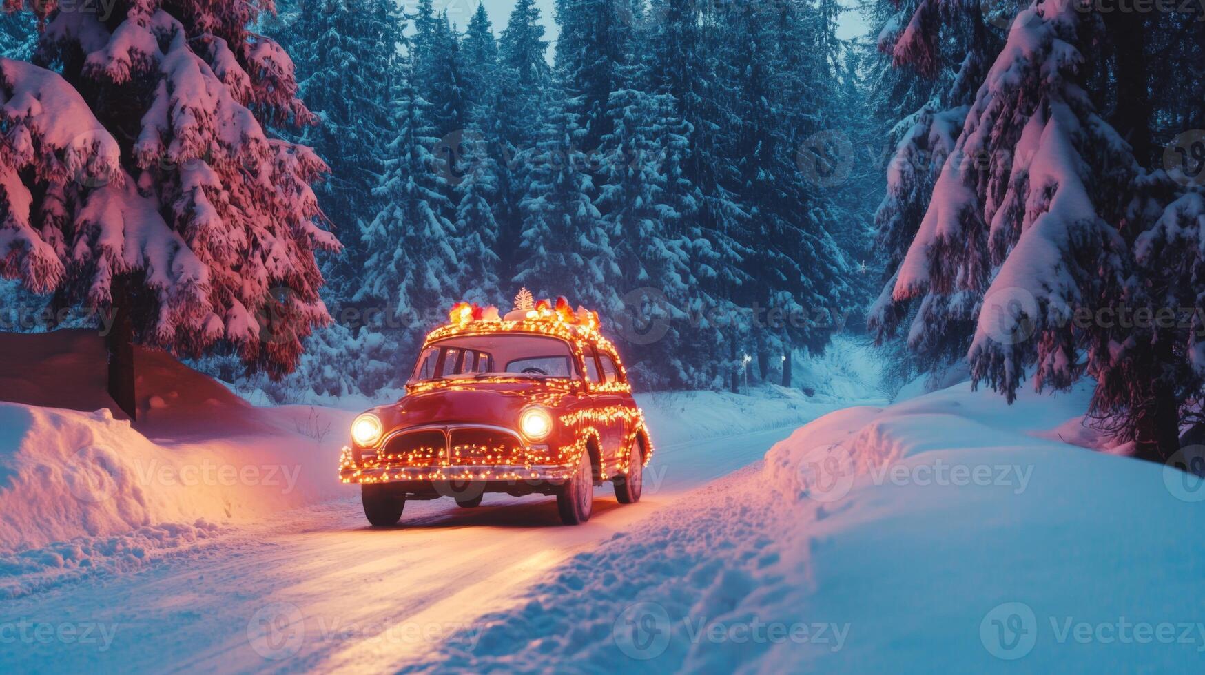 A red car adorned with Christmas lights drives through a snowy forest at night. photo