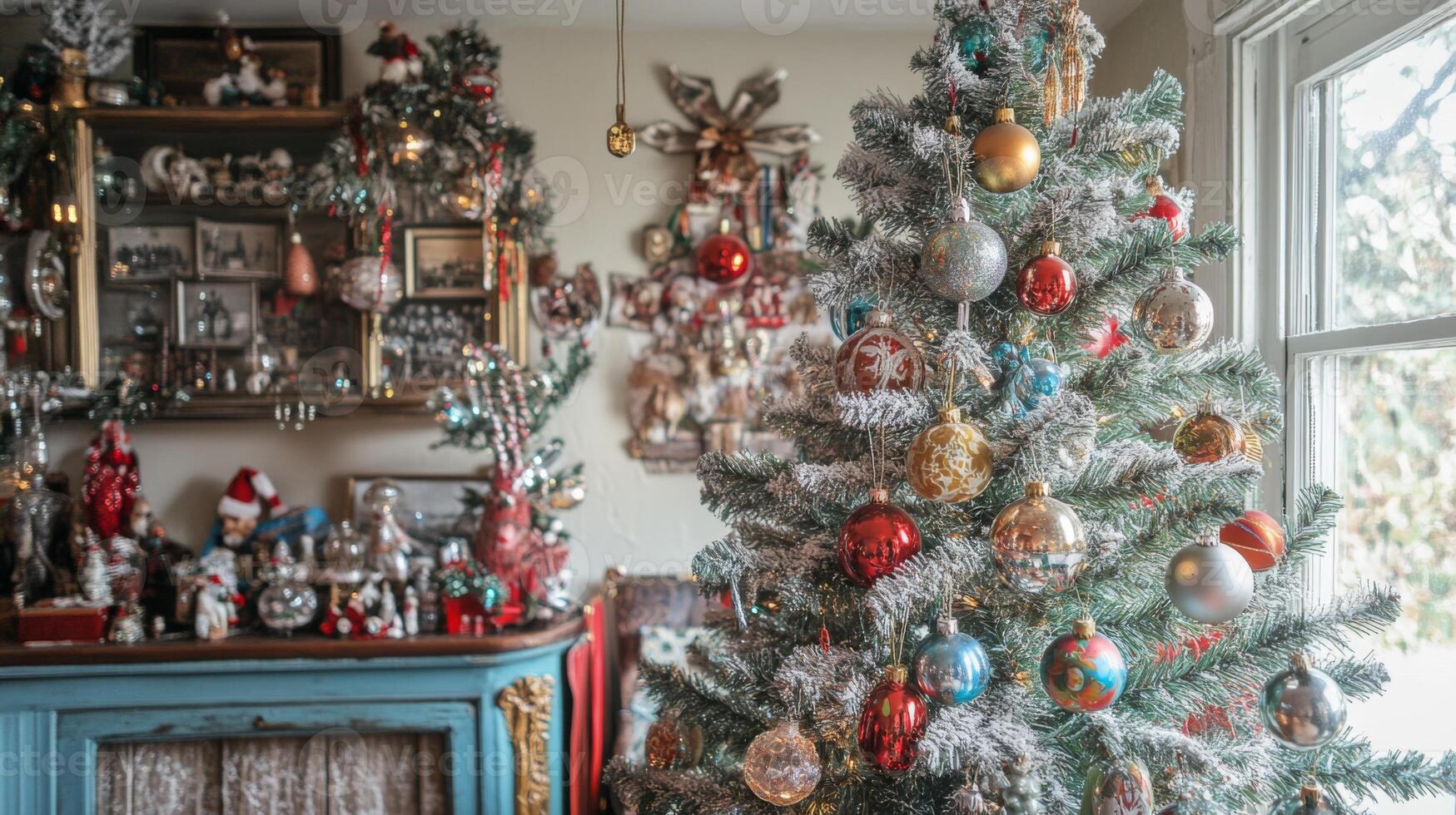 A Christmas Tree Adorned with Vintage Ornaments and Decorated with Faux Snow photo