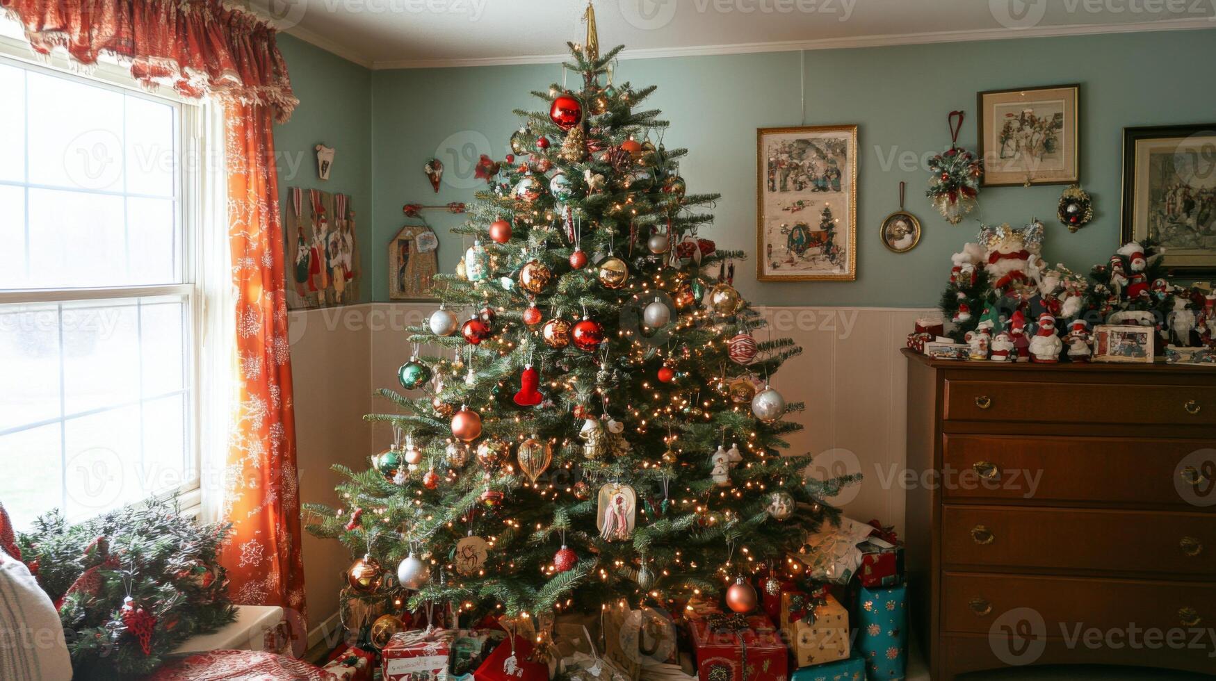 Decorated Christmas Tree in a Room with a Window and a Dresser photo