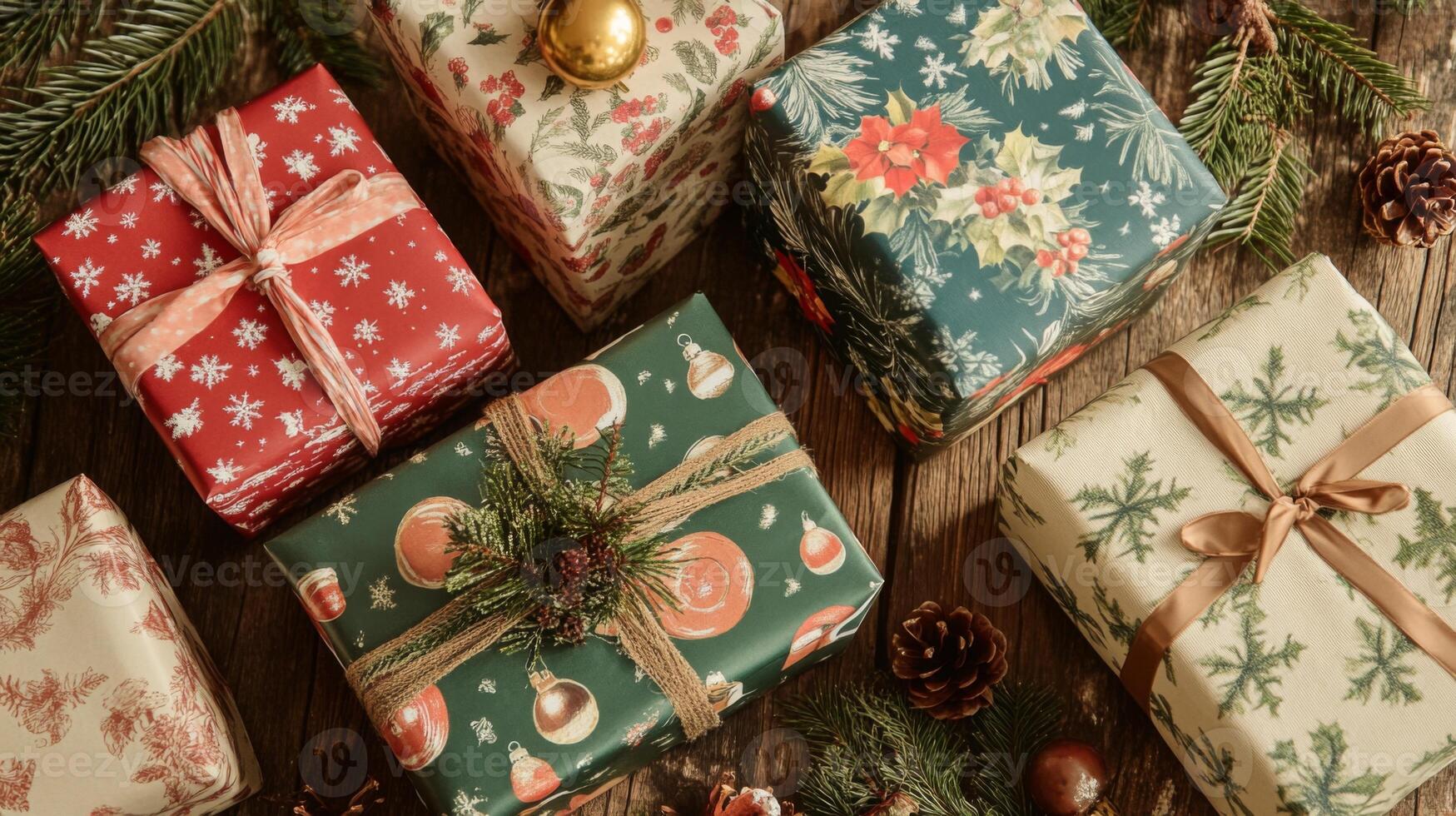 Christmas Presents Wrapped with Festive Designs on Rustic Wooden Surface photo