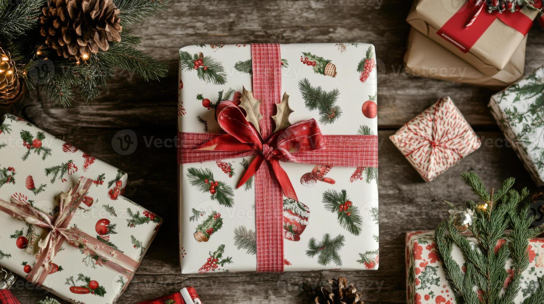 Christmas Gift Wrapped in White Paper with Red Ribbon and Holly Pattern photo
