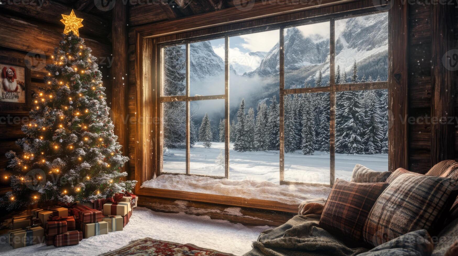A Cozy Cabin Interior with a Christmas Tree and a View of a Snowy Mountain Landscape photo